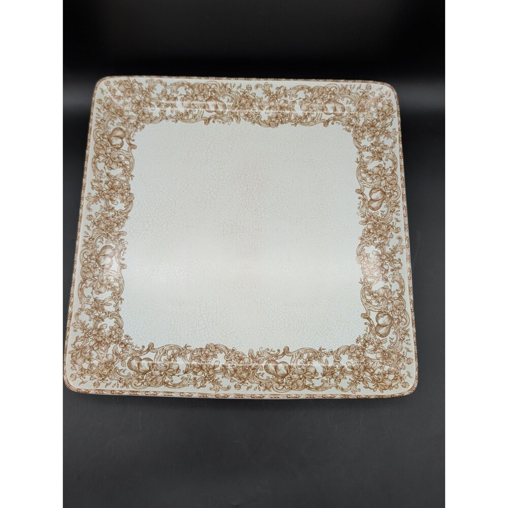 222 Fifth Balmore Platter 14" Square Harvest Scroll Apple Pear Pomegranate